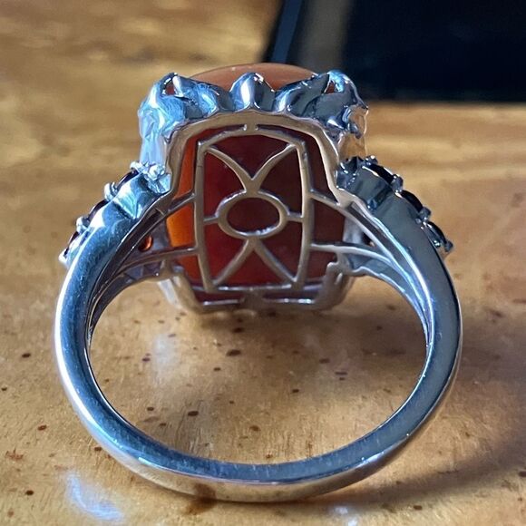 Natural Caramel Opal Red Garnet Sterling Silver Ring Size 10 - Picture 4 of 8